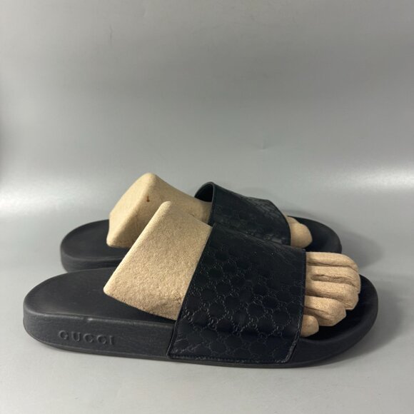 Authentic GUCCI GG Pattern Shower Sandals Black Leather x Rubber, Size 8 main image 12